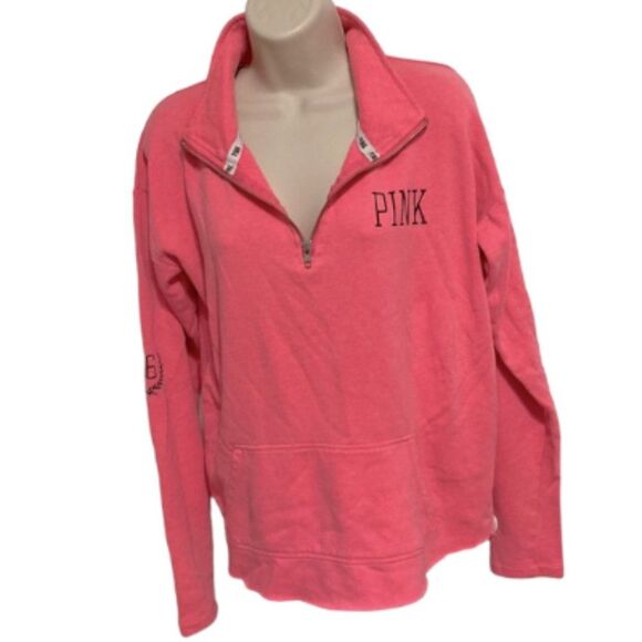 VICTORIAS SECRET PINK Quarter Zip Pink Sweatshirt Collared Womens Small Petite - Picture 1 of 14